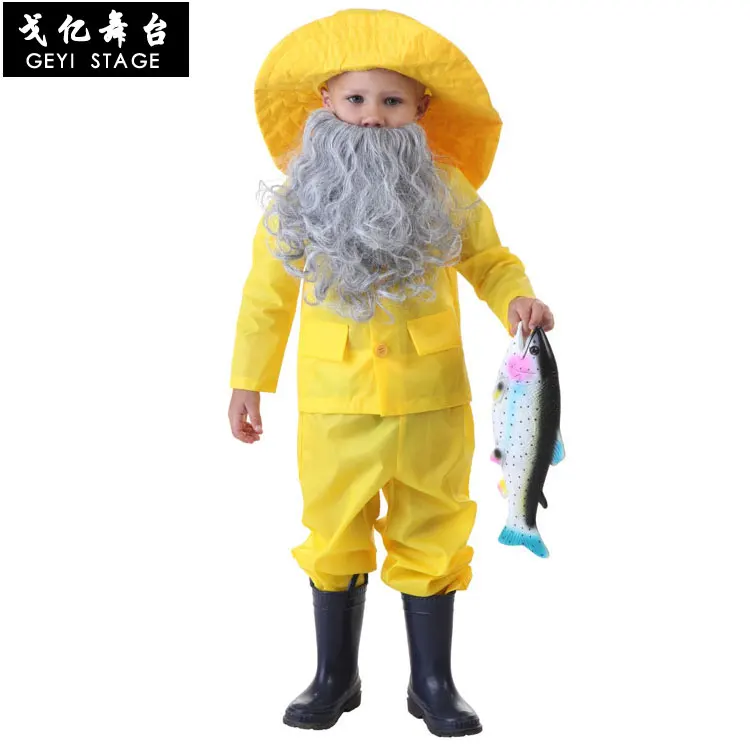 Cos costume da pescatore Halloween abbigliamento da spettacolo per bambini bambini adulti abbigliamento da pesca giallo brillante impermeabile paren