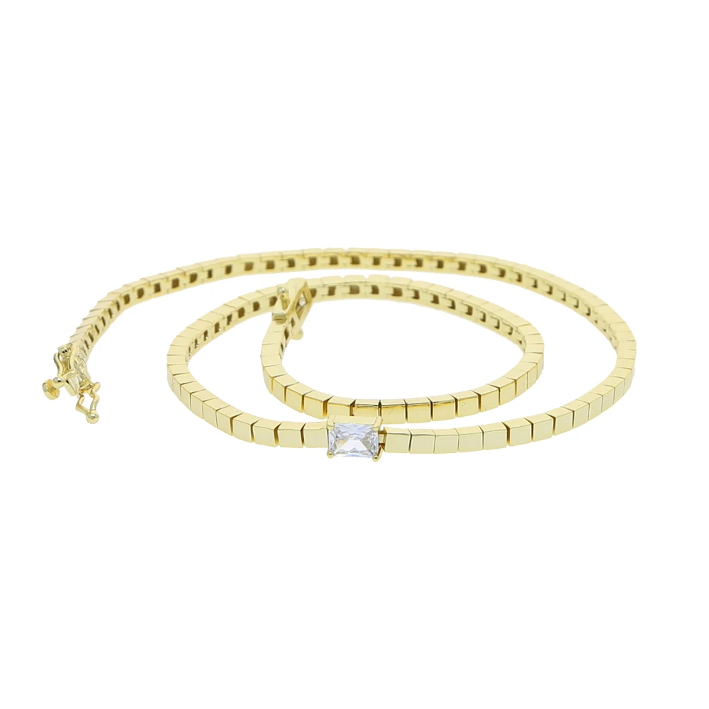 Gold Color Single 5A Bling Rectangle Cubic Zirconia Metal Beaded Tennis Chain 16\