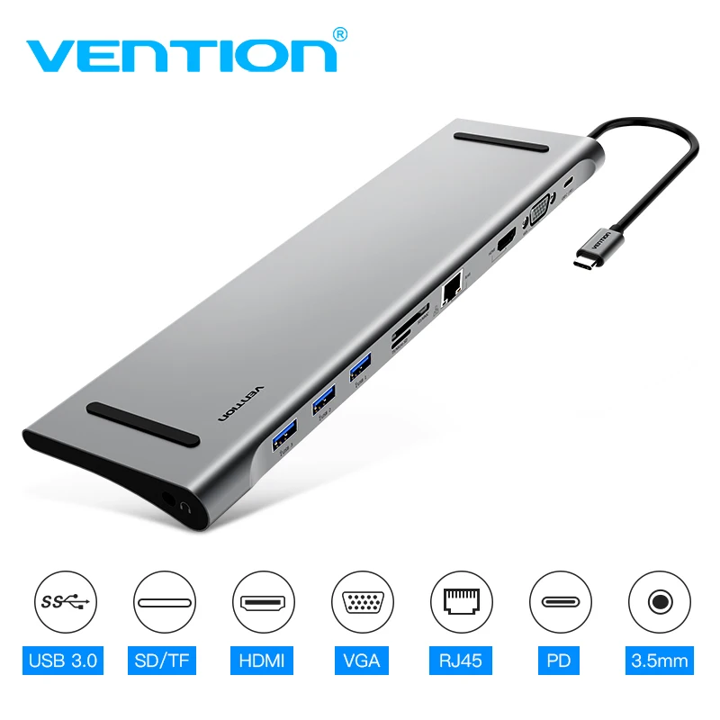 Vention All-in-1 USB C Adapter Type C to HDMI VGA Converter USB HUB with SD/TF Card Reader PD Charging RJ45 Adapter for MacBook