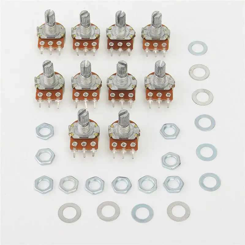 10pcs WH148 Potentiometer  Linear 15mm B1K B2K B5K B10K B20K B50K B100K B250K B500K B1M Shaft With Nuts And Washers 3pin