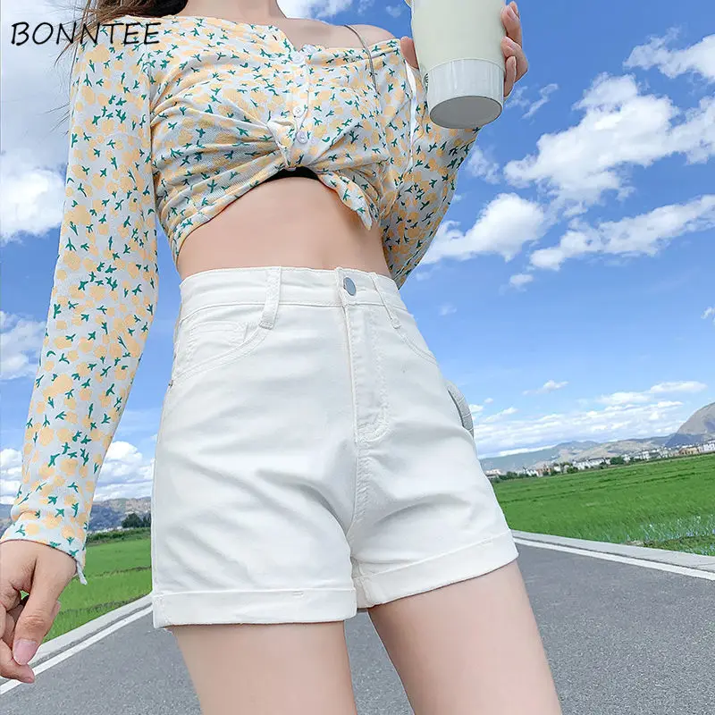 

Shorts Women Solid Simple White High Waist Trendy Denim Elegant Preppy Holiday All-match Summer Design Clothing Daily Stylish