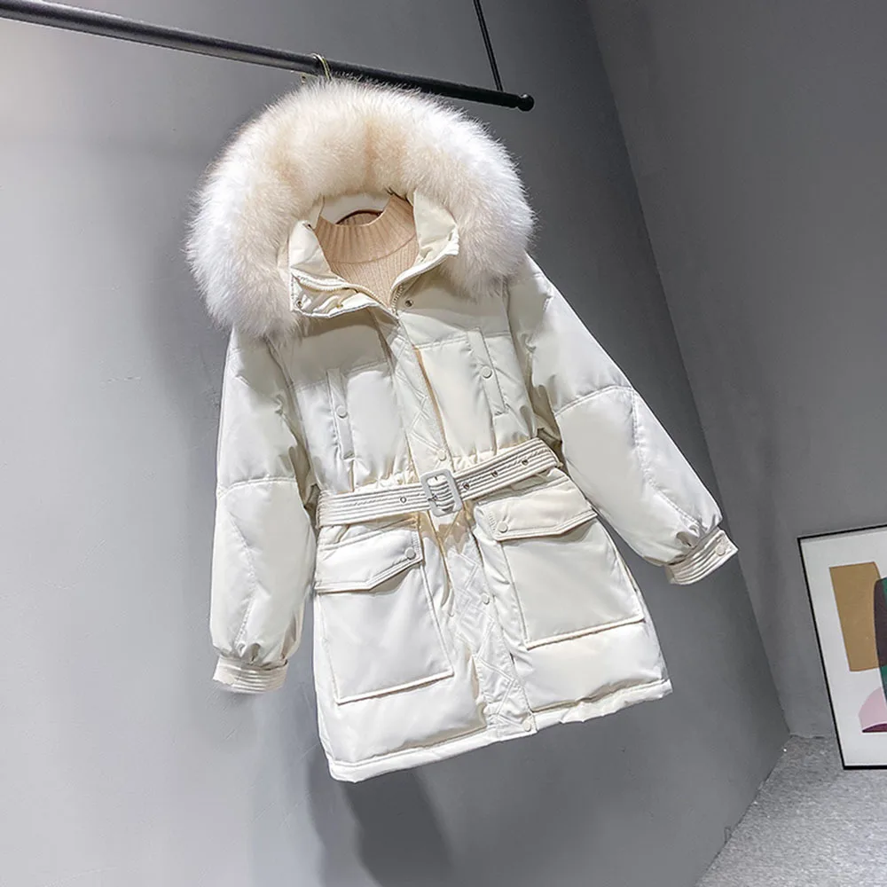 2021 New Large Real Fox Fur Winter Puffer Down Jacket Women 90% White Duck Down Coat Female Hooded Warm Belt Parkas