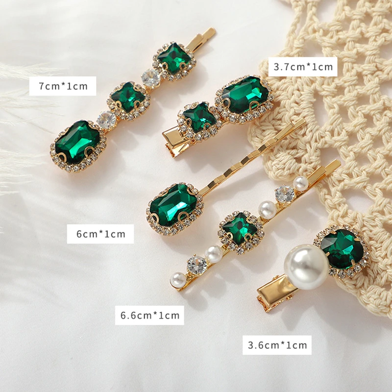 2020 New Green Crystal Hair Clip Hairpins for Women Fashion Simulated Pearl Hair Accessories Set Luxury Wedding Female Ornaments