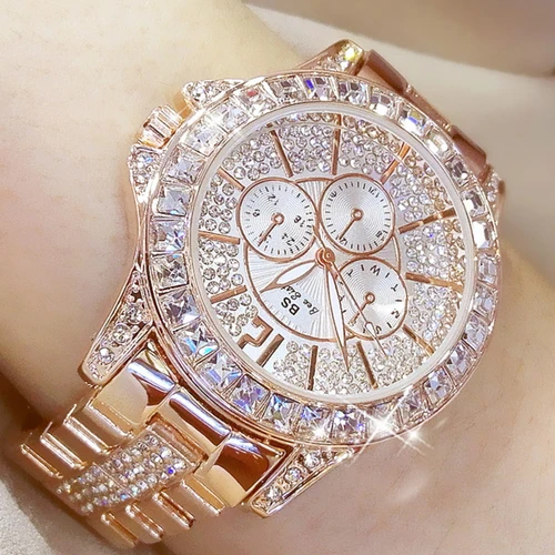 Relojes de mujer, reloj de lujo con diamantes de cuarzo, reloj de pulsera de marca superior a la moda, reloj de moda para mujer, joyería de cristal, reloj de oro rosa