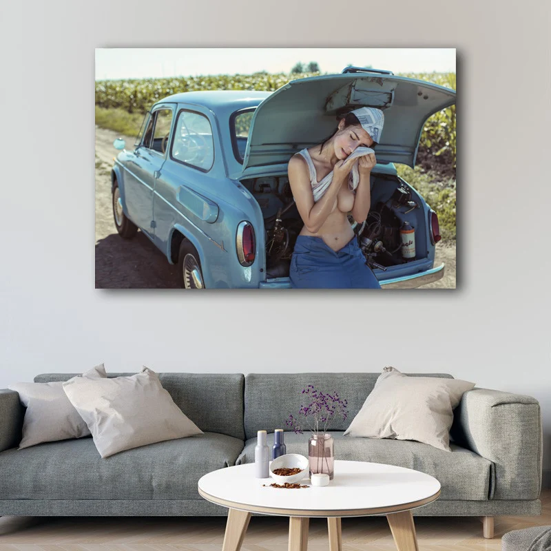 Sexy Woman with Retro Car Girl Chest Model Outdoor Photo Wall Art Posters Canvas Prints silk paintings For Living Room Decor