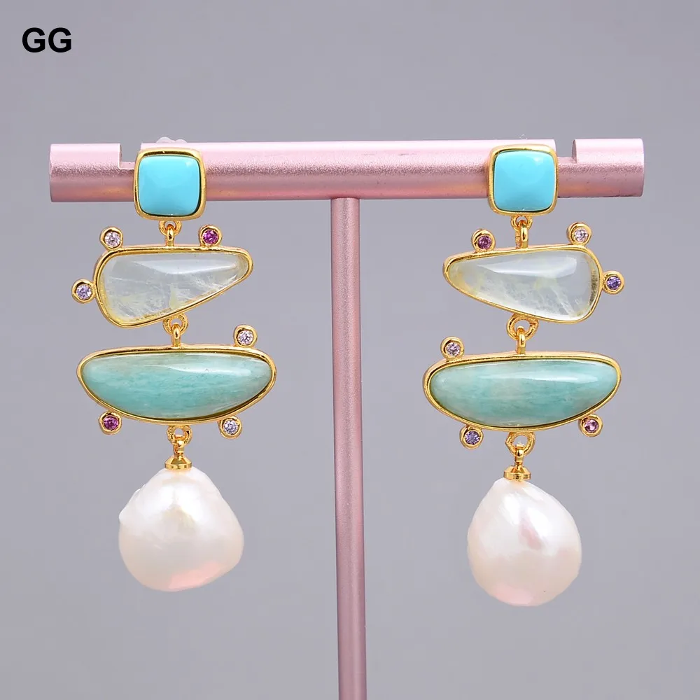 GuaiGuai Jewelry Freshwater White Pearl Blue Turquoise Green Amazonite Dangle Stud Earrings