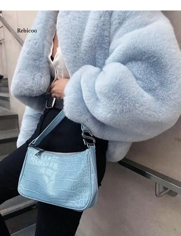 Women Winter Aqua Blue Big Lapel Hairy Shaggy Faux Rabbit Fur Jackets Vintage Furry Oversized Coat Short Outerwear