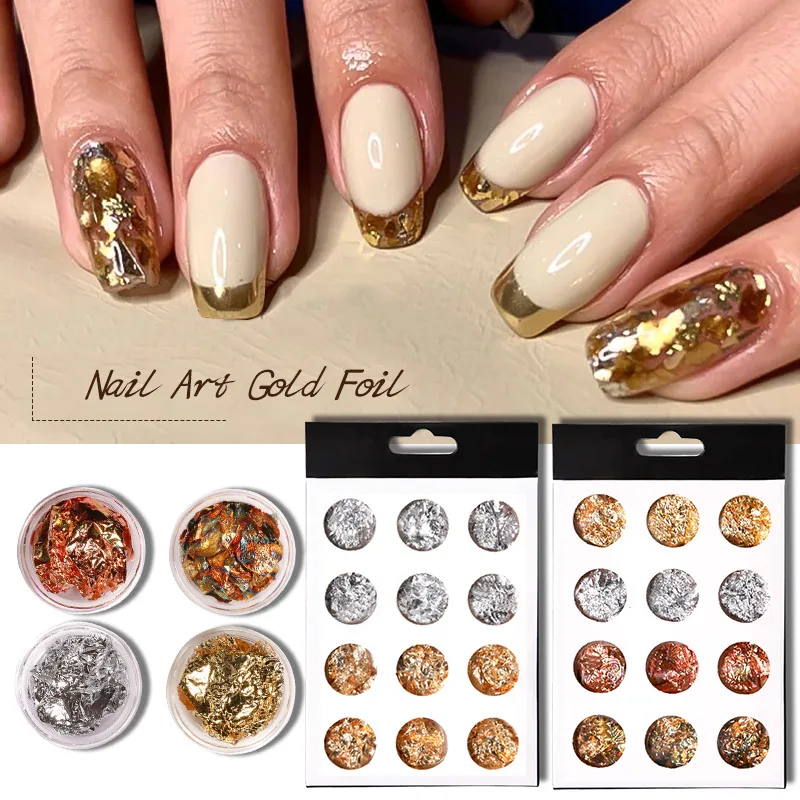 

12 Jars Ultra Thin Gold Silver Rose Aluminum Leaf Flakes Confetti Foil Paper Nail Art Stickers Decoration Manicure Ornaments Set