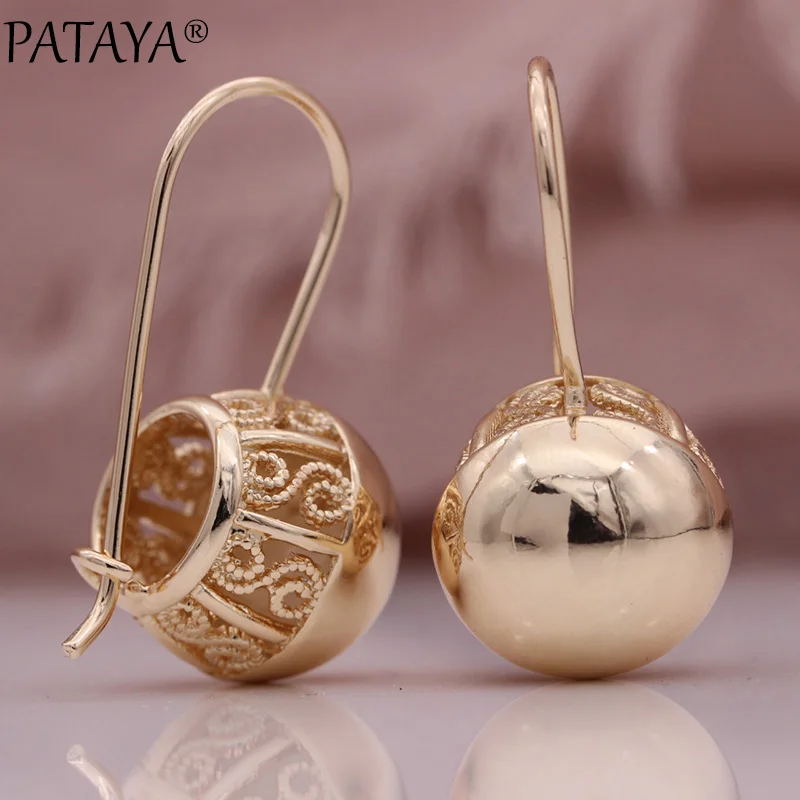 PATAYA New Hollow Spherical Long Earrings Women Glossy Dangle Earrings 585 Rose Gold Color Wedding Unique Fine Fashion Jewelry