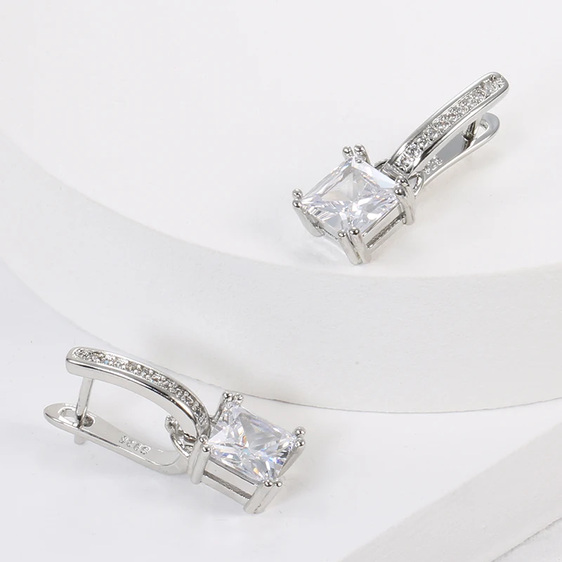 Kinel Simple Square Natural Zircon Earrings for Women Tibetan Silver Korean U Shape Drop Earring Bridal Wedding Jewelry Gifts