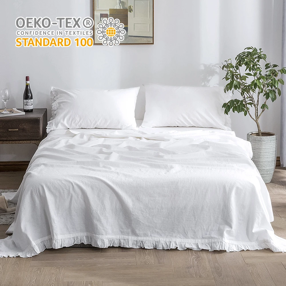 

SIMPLEOPULENCE Belgian Linen Flat Sheet with Ruffles 55% Linen 45% Cotton Solid Color French Natural Flax Farmhouse Soft Bedding