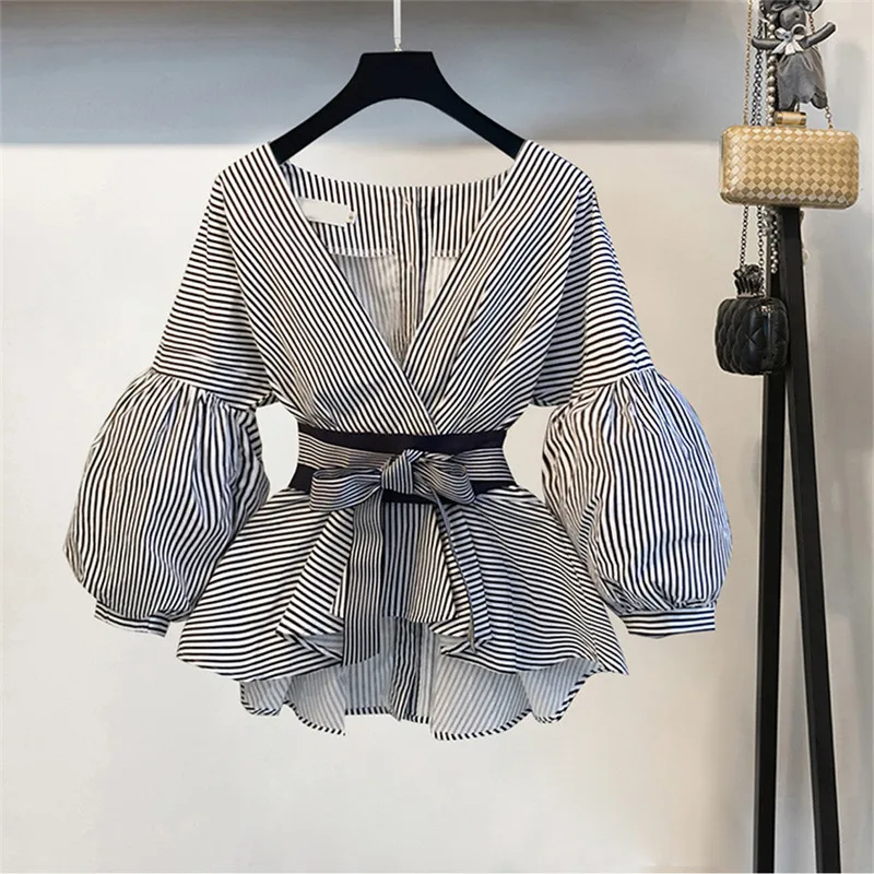 Neploe 2024 New Striped Blouse & Wide Leg Pants Set with Sashes Fashion Puff Sleeve Blusas + Flare Pants 2 PCs Women Suits 68191