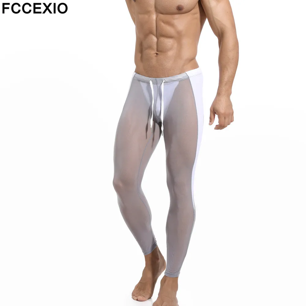 FCCEXIO Men Sexy Mesh Tights Running Sports Leggings Long Pants Fitness Men Cycling Nylon  Compression Skinny Leggings