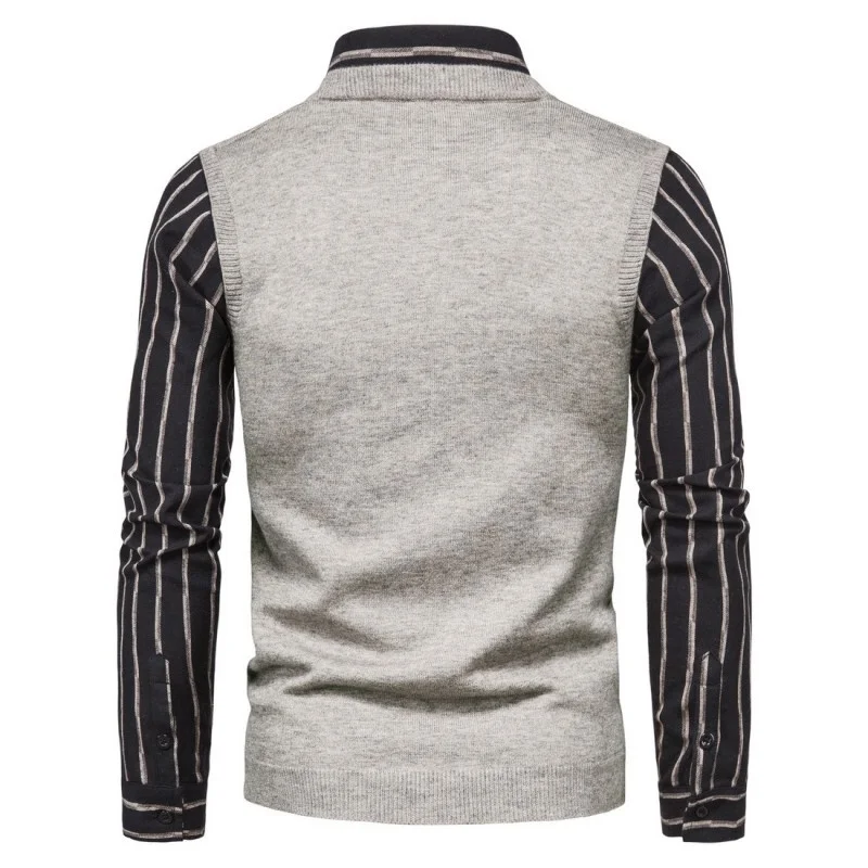 Two-Piece Fake Sweater Men Knitting Pullover Lapel Spliced Striped-Sleeve Male Business Casual Fashion Top Spring Autumn Korean