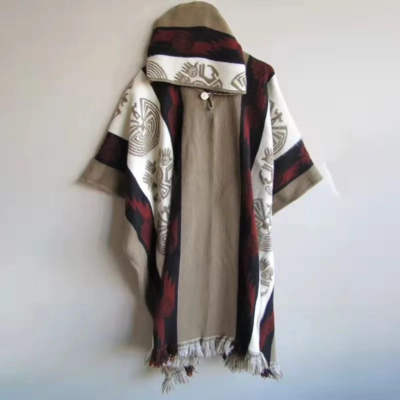 Spring Autumn Men Poncho Shawl Jackets Retro National Pattern Printed Knitting Women Hooded Coats Ladies Sleeveless Cape Outwear