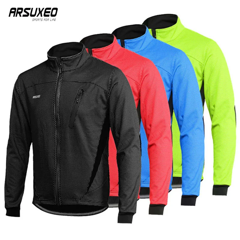 ARSUXEO Fleece Cycling Jacket Man Winter Thermal Mountain Bike Jacket Waterproof Bicycle Coat Windproof Reflective MTB Jacket