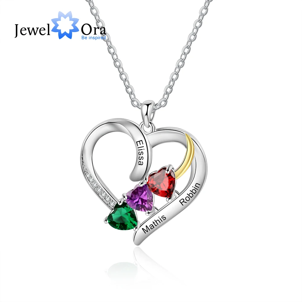 JewelOra Customized Heart Pendant with 3 Birthstone Personalized Engraved Name Mother Necklace Christmas Gift for Wife