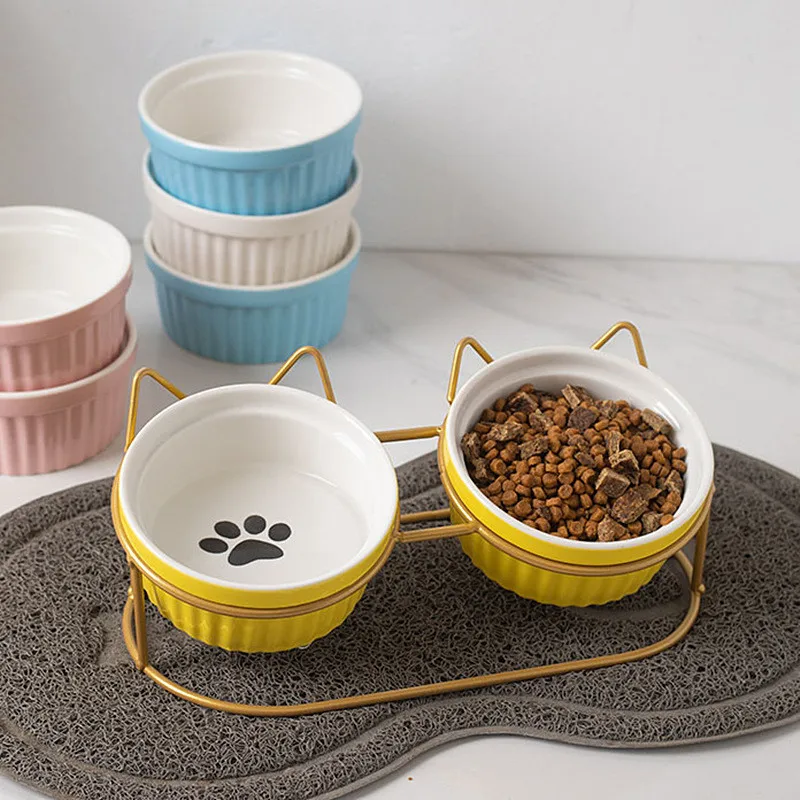 Cute Cats Dogs Feeders Bowls Double Ceramic Elevated Cat Bowls Pet Drinking Bowls Water Food Dishes Prevent Cervical Spondylosis