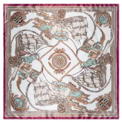 90*90cm Luxury Brand Women Silk Scarf Hand Drawing Sailing Boat Design Square Scarves Spring Summer Shawls For Ladies