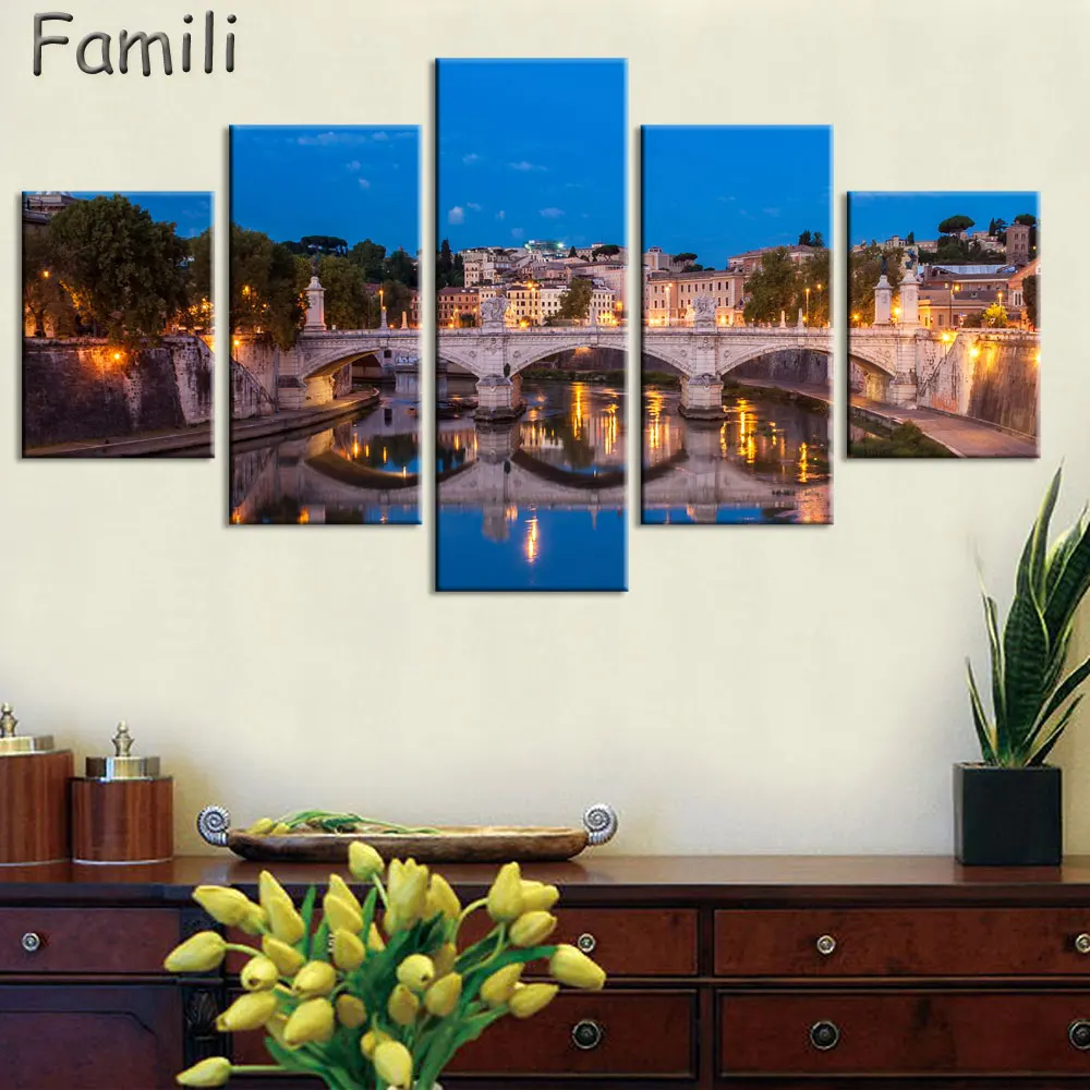 5Panel Living room bedroom home wall decoration fabric poster cefalu italy sicily sea landscape mountain rock church houses