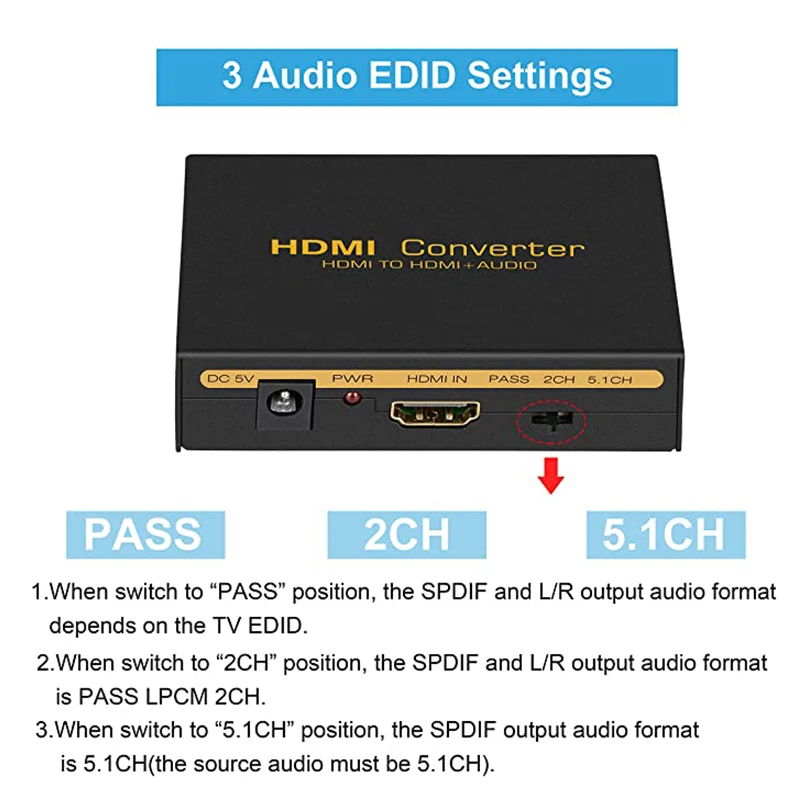 1080P HDMI Audio Extractor HDMI to HDMI+Optical Toslink SPDIF + RCA L/R Stereo Analog Audio Out HDMI Converter Splitter