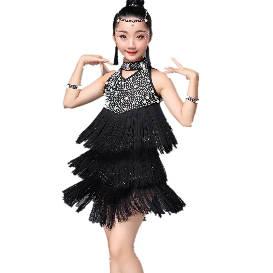 New Children Professional Sexy Latin Dance Dress For Girls Fringe Sequin Ballroom Dance Dresses Kids Modern Salsa Tango Costumes