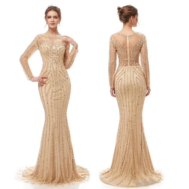 2021 Luxury Mermaid Sequins เซ็กซี่ชุด Sparkly Prom Party Dresses ดูไบแสดงแขนยาว Sheer Bodice ชุดราตรี016