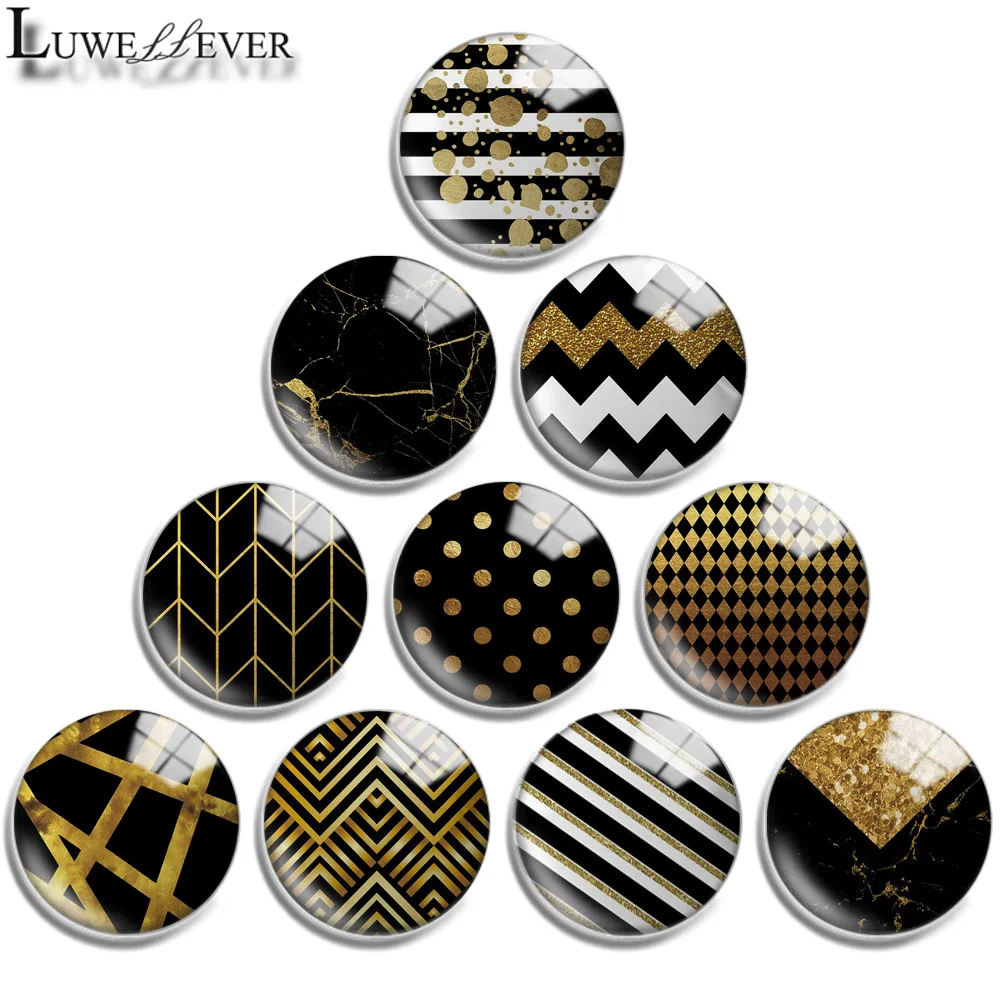 12mm 16mm 20mm 25mm 30mm 40mm 721 Black Gold Geometry Mix Round Glass Cabochon Jewelry Finding 18mm Snap Button Charm Bracelet