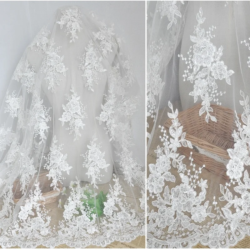 

White Sequined Sequin Wedding Dress Fabric Bilateral Symmetrical Mesh Sewing Thread Plus Sequin Embroidery Flower Lace Cloth