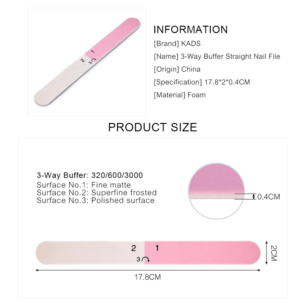 KADS 3 Way Nail File and Buffer 320 600 3000 Sandpaper Nail Polishing File Grit for Women Girls Manicure Tools Professional Care