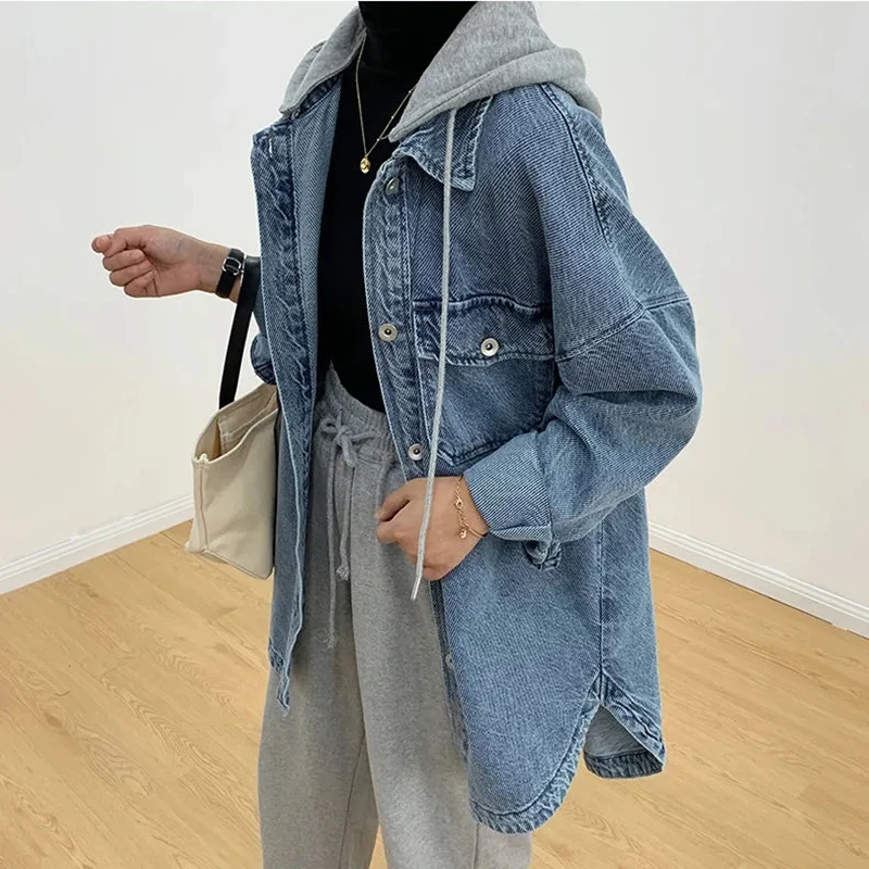 Loose Deconstruct Hooded Denim Jacket For Women Korean Style Spring Jean Coat Oversize Harajuku Blue Denim Outerwear Casual Top