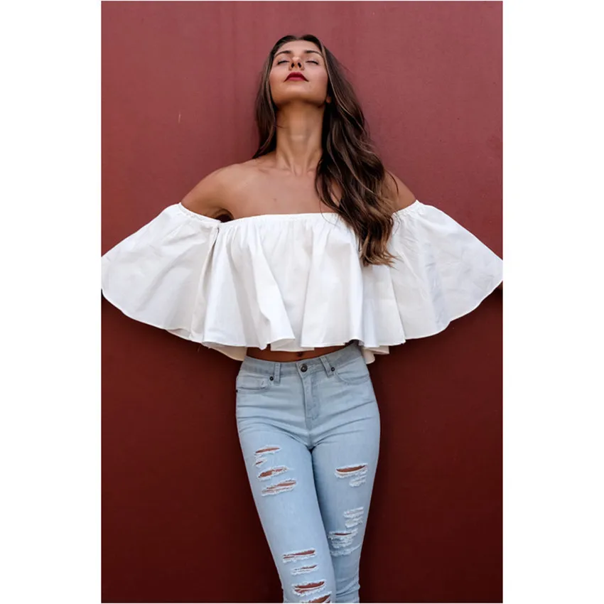 Women Long Sleeve Womens Summer Tops Ruffle Blouse Shirt Women Korean Style Shirt Cotton New Sexy Women Strapless Top
