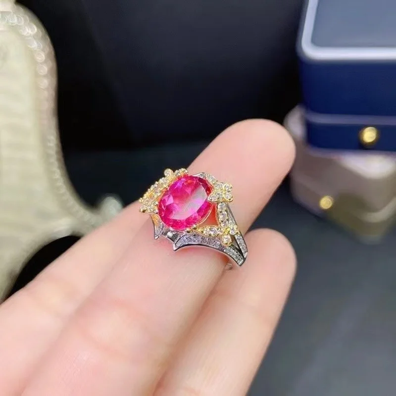 

Jewelry Baroque Silver Gemstone Ring for Party 8mm*10mm Pink Topaz Ring 925 Silver Topaz Jewelry Gift for Woman