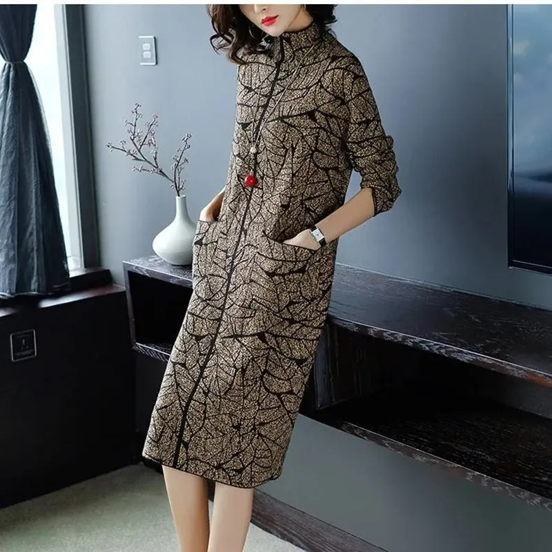 Suéter largo de Jacquard para mujer, vestido de gran tamaño con cuello redondo y manga larga, tejido de fondo recto, novedad de primavera y otoño,