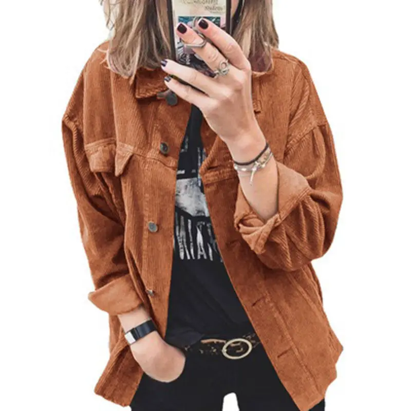 New Autumn Women's Coat Corduroy Jacket Shirt Lapel Long-Sleeved Loose Casual Jacket Solid Color Plus Size Women's Clothing XXL