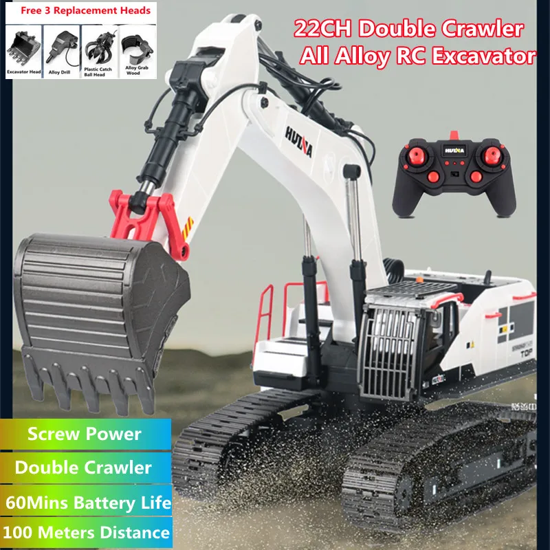 22CH Double Crawler Alloy RC Excavator 1:14 Screw Power 60Mins Highlight LED Light Large Arm Remote Control Truck Toy Kids Gift