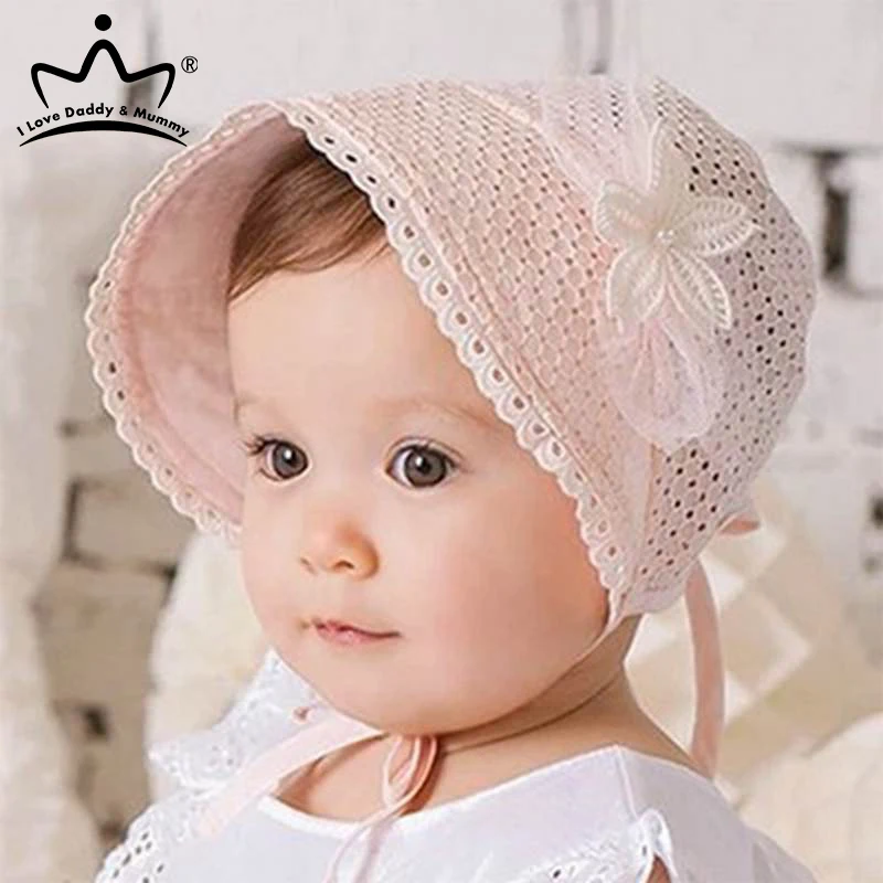 Lace Flower Hollow Baby Cap Summer Cute Princess Baby Girl Hat With Bow Solid Color Infant Toddler Bucket Hat