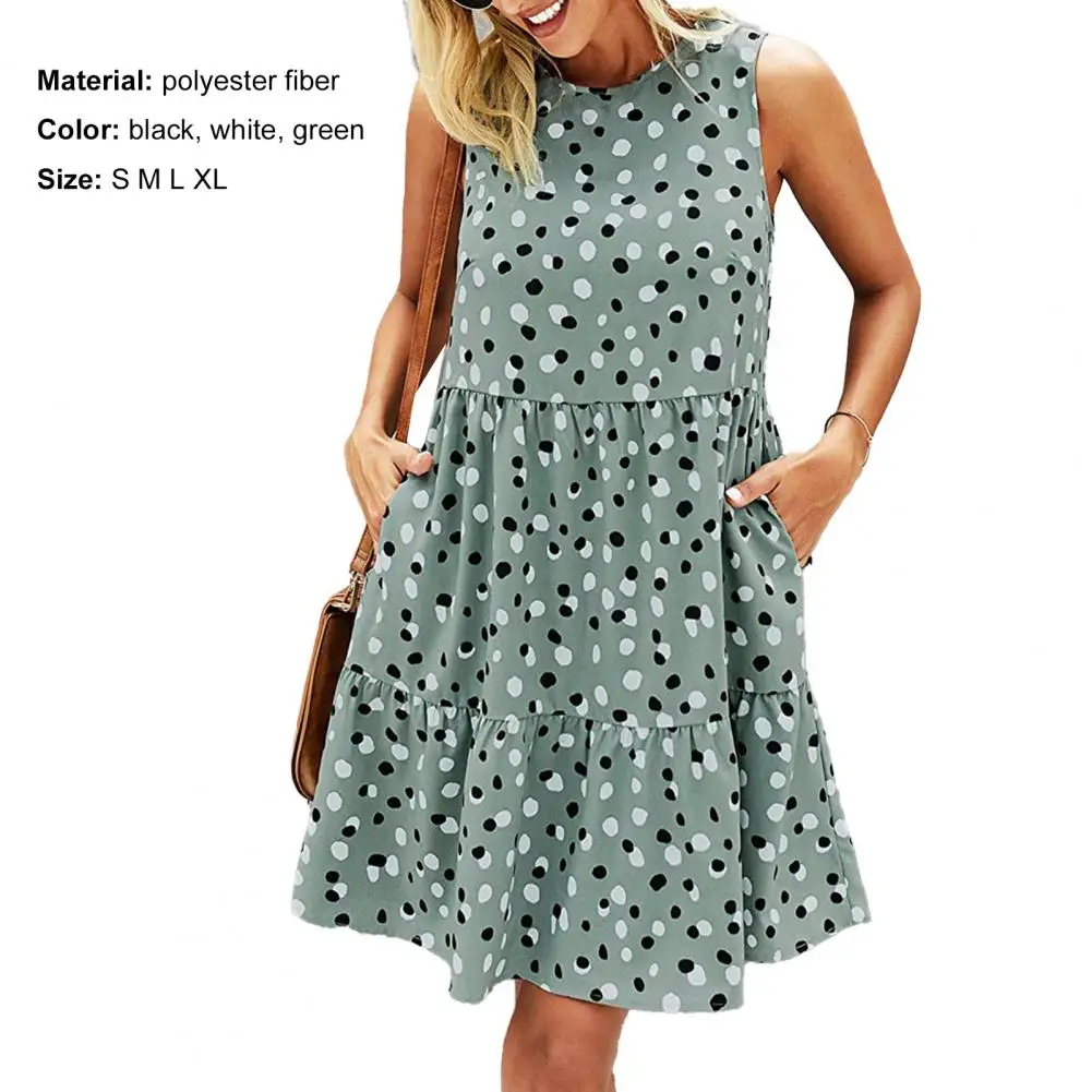 Summer Women Sundress O Neck Dots Print senza maniche orlo grande abito allentato al ginocchio per ufficio abbigliamento donna muslimexmuslimate 2021