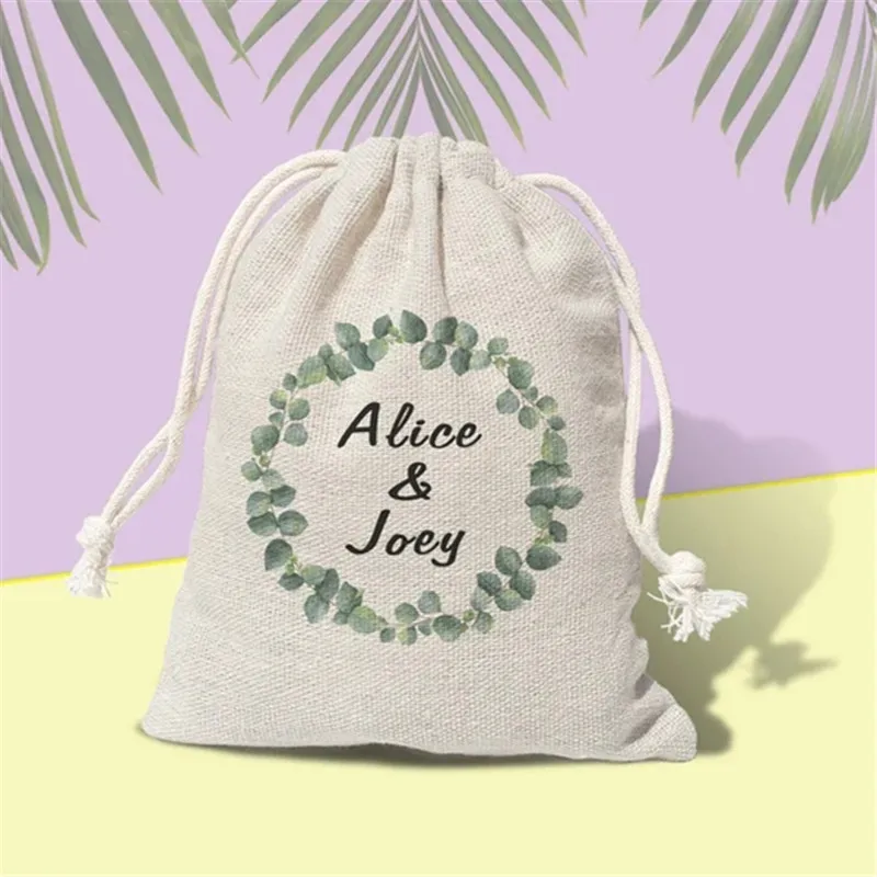 50pcs Custom Botanical Wedding Favor Bags Personalised Cotton Bags For Wedding Green Wedding Pouches Jute Burlap Drawstring