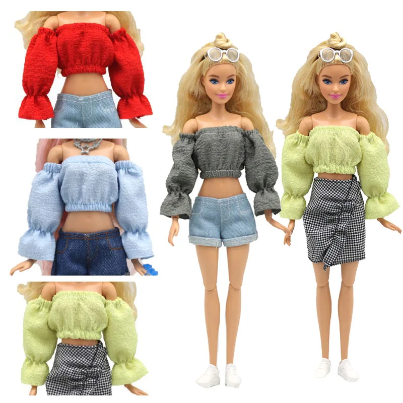 Doll Clothes Handmade Daily Casual Wear Fashion Puff Sleeves Tops Denim Shorts Skirt Doll Clothes for Doll Accessories