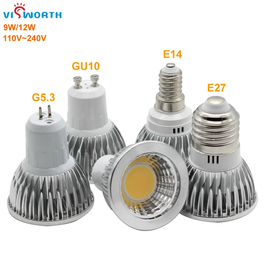 Gu10 led 9w 12w regulável led holofote corpo de alumínio lampada lâmpada led 9w 12 cob g5.3 e14 e27 lâmpada led ac 110v 220v 240v