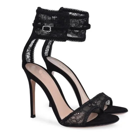 Drop Shipping Sexy Black Lace Peep Toe Thin Heels Sandals Woman Ankle Wrap Buckle Party High Heel Dress Shoes Big Size 34 46