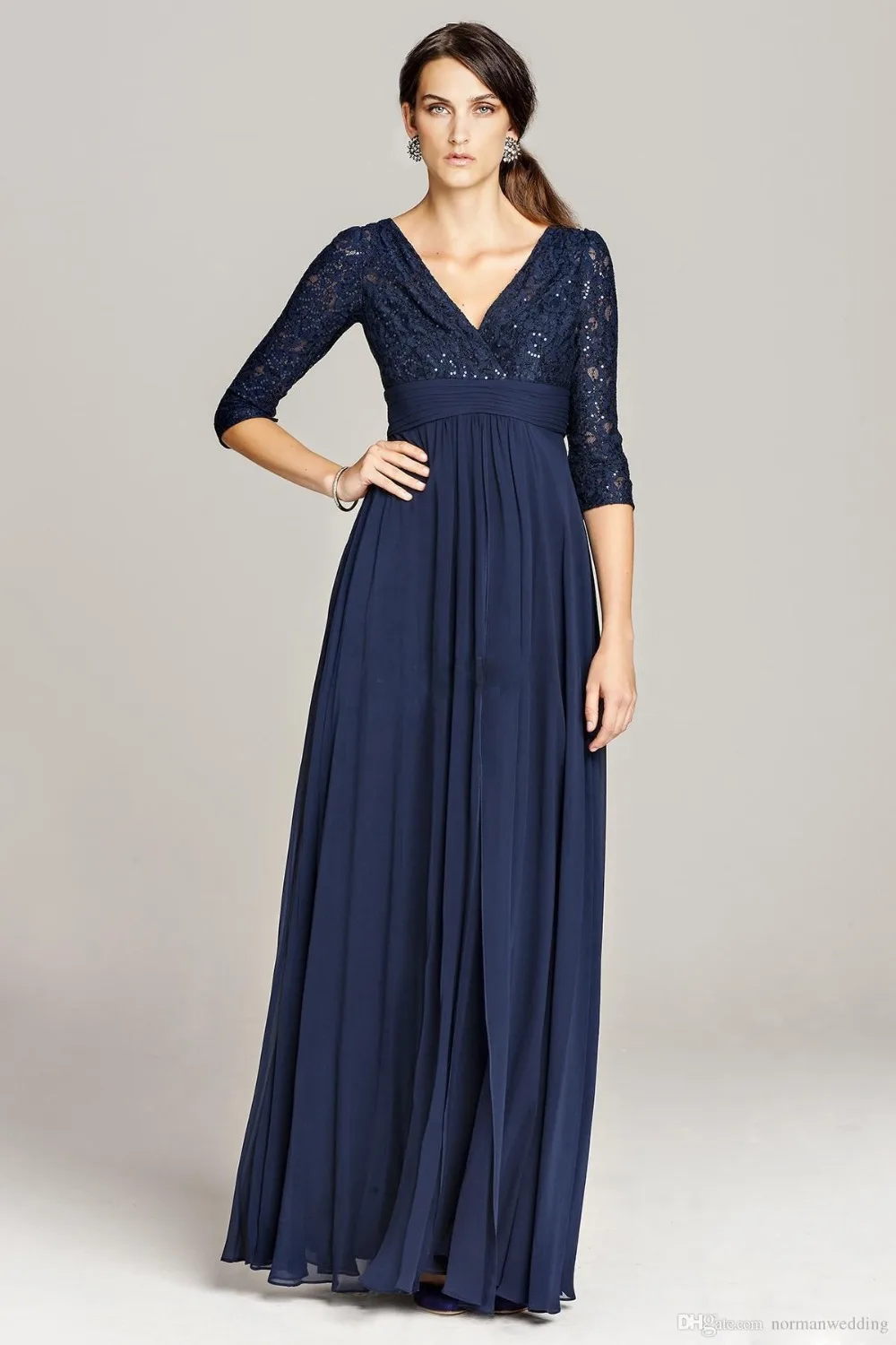 V-hals Lange Avondjurken Met Drie Kwart Mouw Formele Vrouwen Prom Jassen 2018 Dark Navy Moeder Van De Bruid Kant jurken