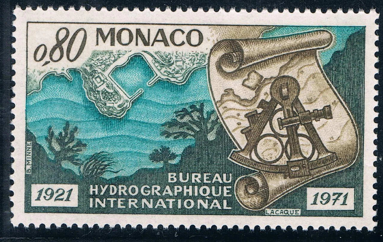 Sello postal de Monaco 1971, mapa de la Oficina Hidrográfica, instrumento de vigilancia de los Fondos Marinos, sellos de escultura MNH, 1 unids/set por juego