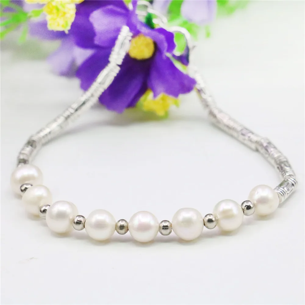 

7-8mm 100% Natural Freshwater Pearl Bracelet Near Round Hand Accessories Jewelry Making Design Alloy Septal Beads DIY Women Gift