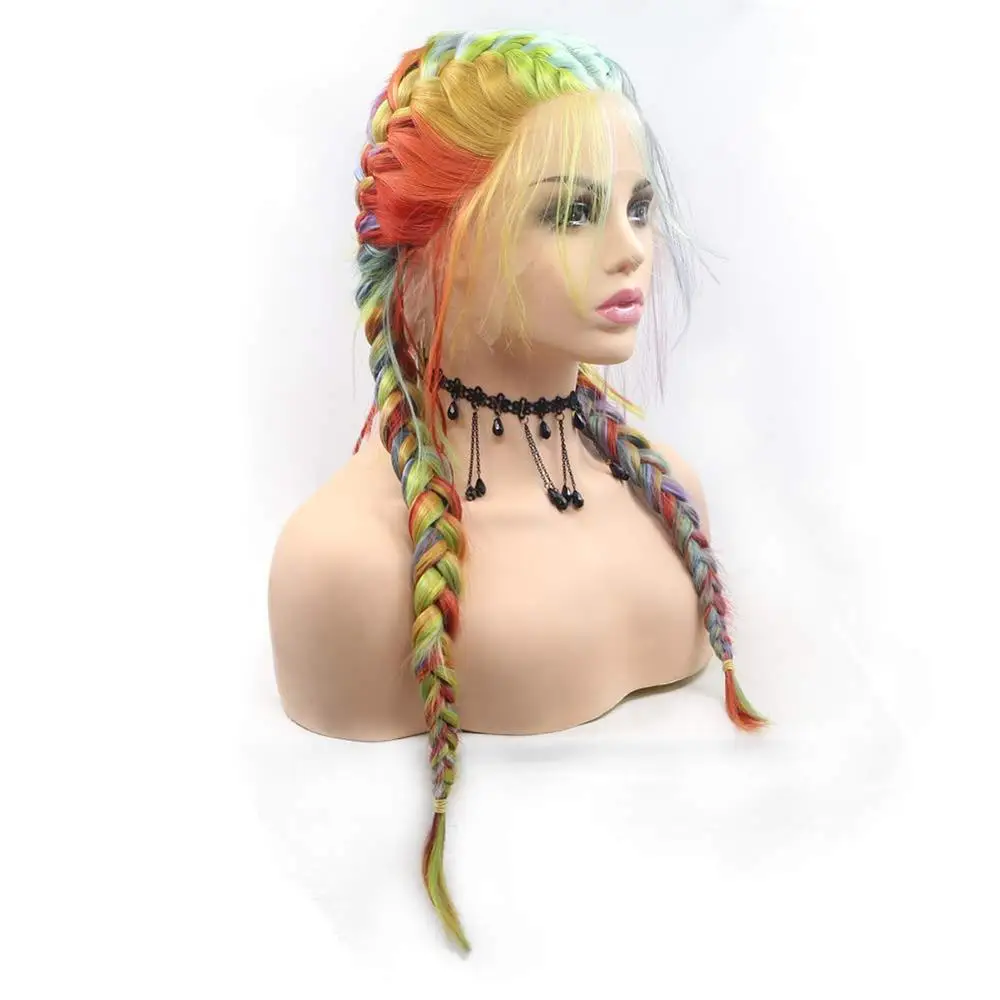 New Arrival Rainbow Braided Wigs Synthetic Lace Front Wigs Colorful Handmade Twist Braids Wigs With Baby Hair Heat Resistant Wig