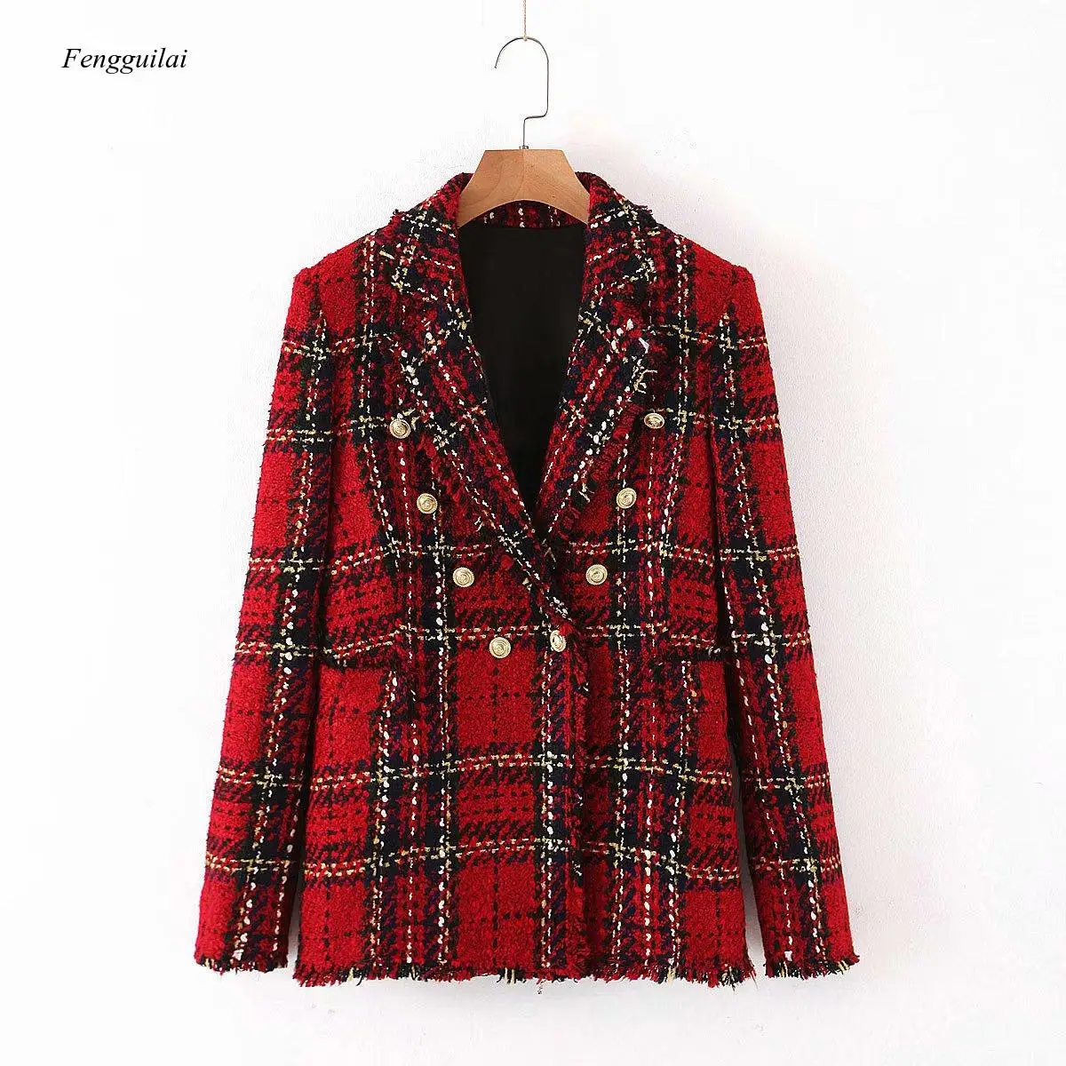 

Новинка Осенняя Женская одежда в европейском стиле Модный двубортный декоративный клетчатый костюм с отложным воротником пальто Топ