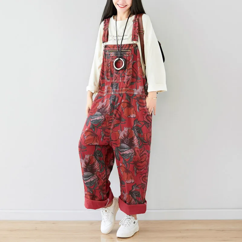 

Wide Leg Denim Jumpsuit Women Baggy Printed High Waist Suspenders Bib Cowboy Rompers Casual Europe Boyfriend Jeans Rompers