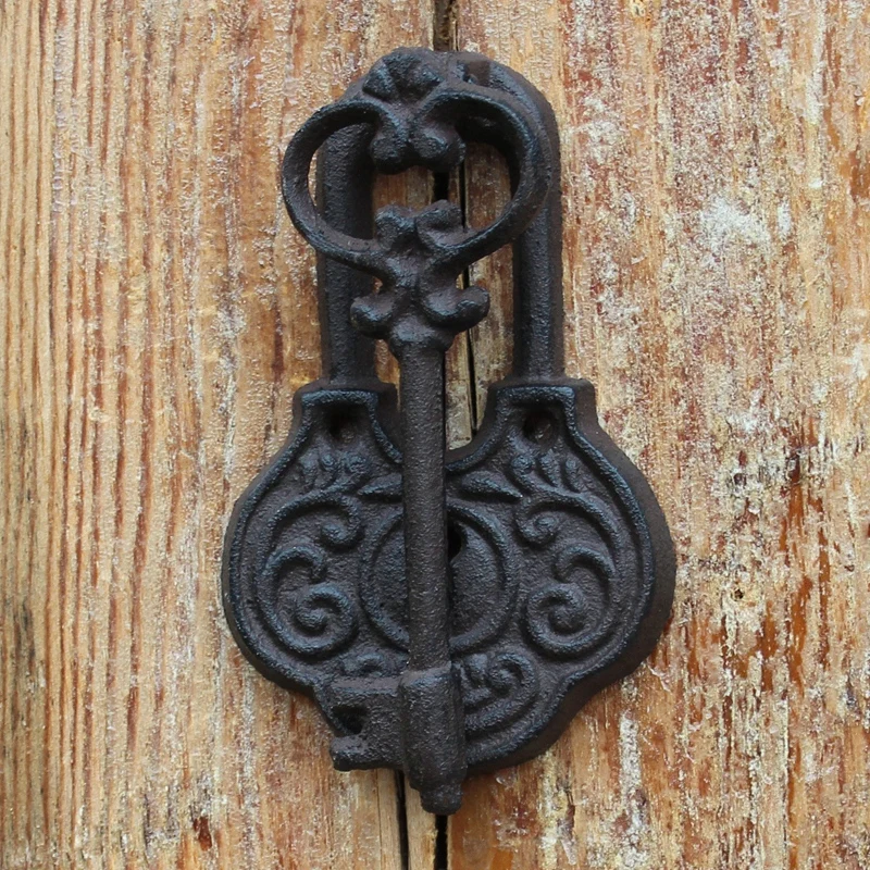 

Vintage Rustic Key Lock Cast Iron Door Knocker Home Front Gate Decor Handle Pull Accessory Mounting Screws Included Retro Style