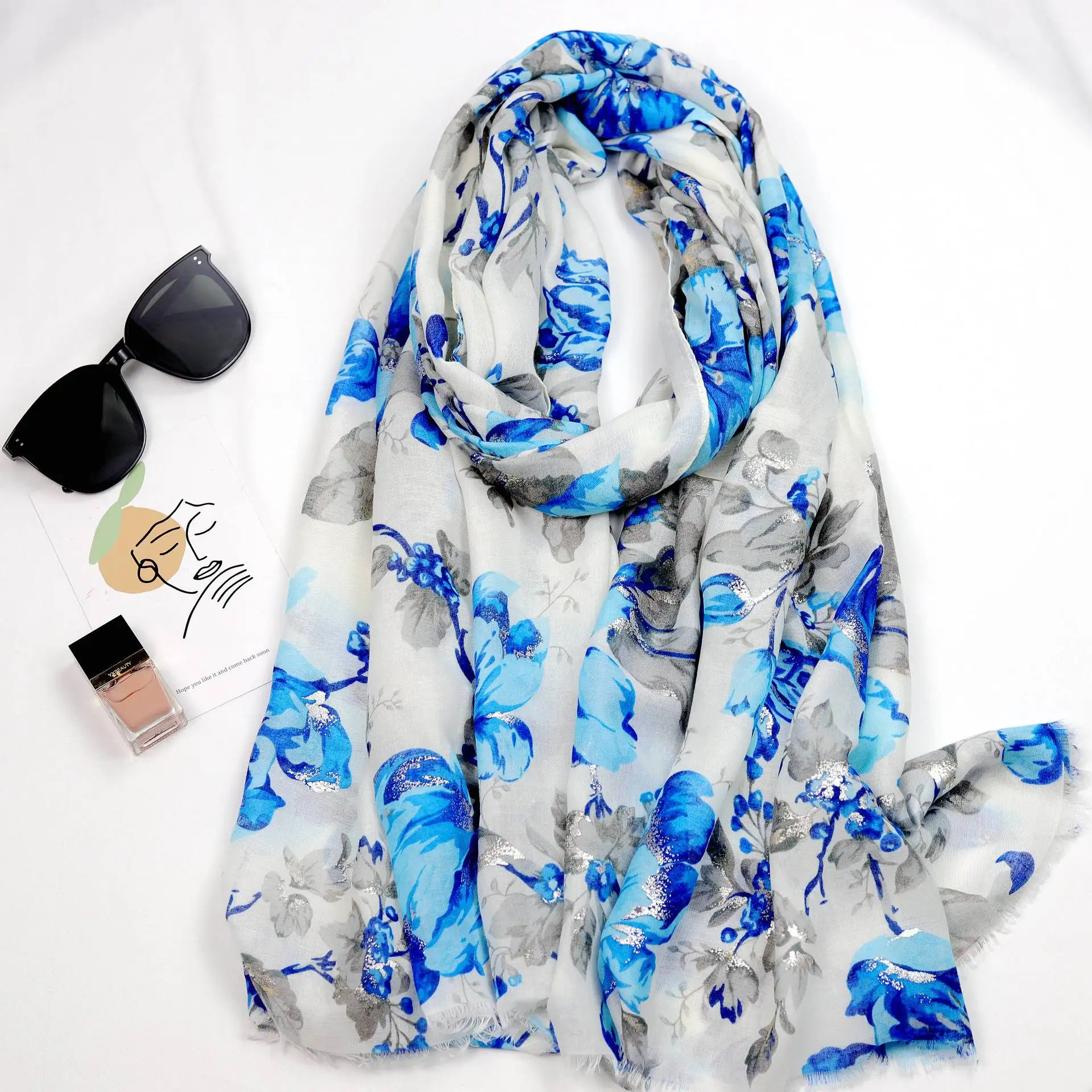 

2021 Newest Women Floral Printed Scarf Silver Foil Scarf Cotton Scarf Shawls Wraps Hijabs